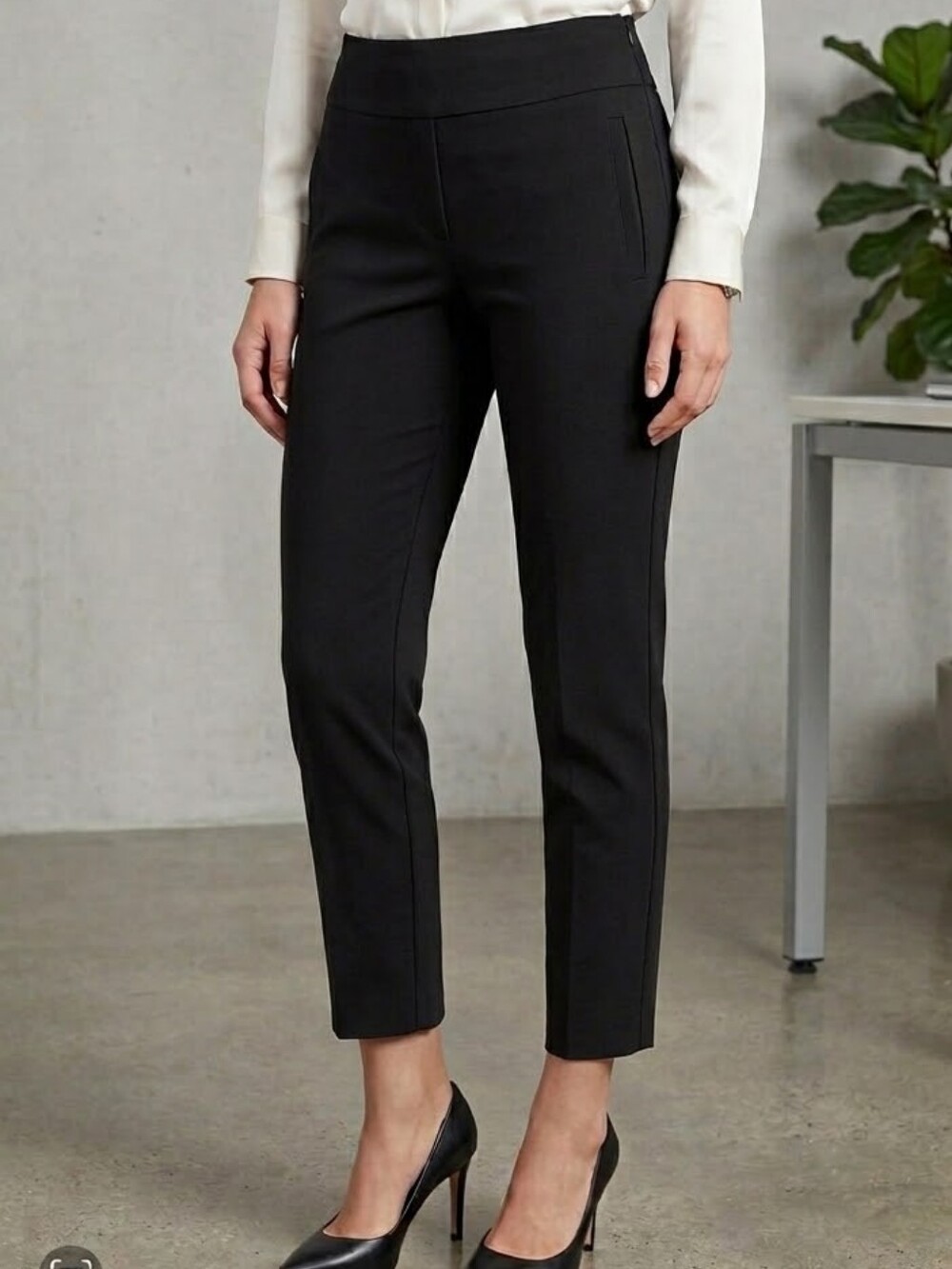 Theory Black Slim Dress Trousers Ankle Flat Front, Side Zip y Ponte Knit Sz 6